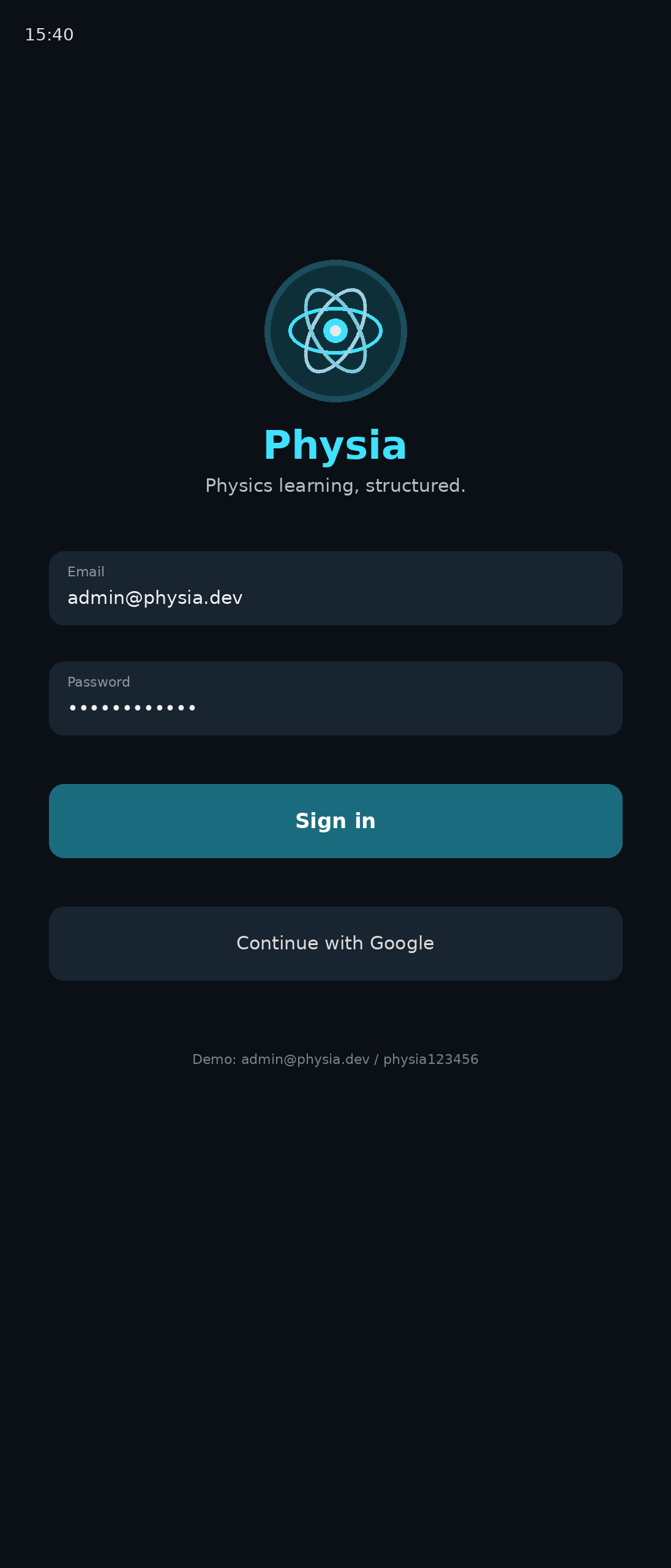 Physia login screen